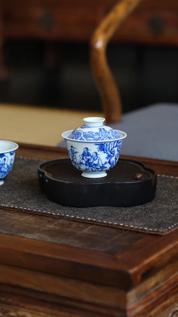 【弥生茶事】且斋格古青花海屋添筹盖碗景德镇高端手工茶器茶具