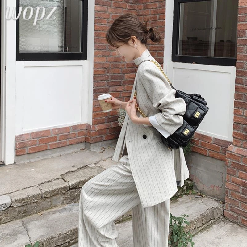 港风复古chic飘带西装套装女2025秋季新款条纹小西服阔腿裤两件套