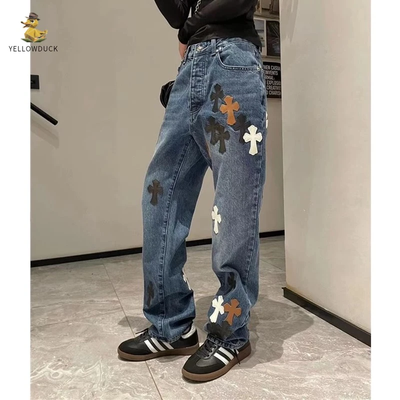 秋季美式贴皮十字架刺绣阔腿直筒牛仔裤男女宽松轻奢长裤子潮