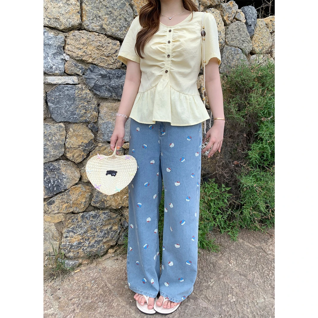 现货大婉酱千千微胖定制【kitty神裤】高腰水洗牛仔裤薄款长裤8564X