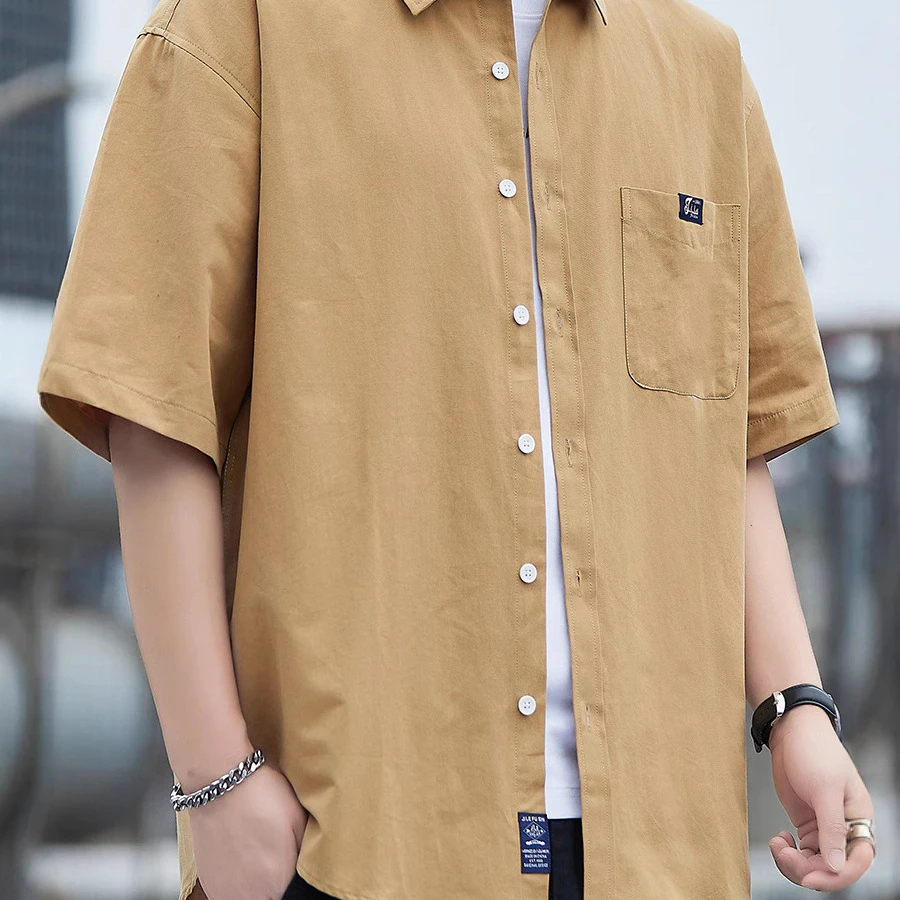 男士夏季棉短袖不褪色衬衫七分袖宽松纯色上衣时尚