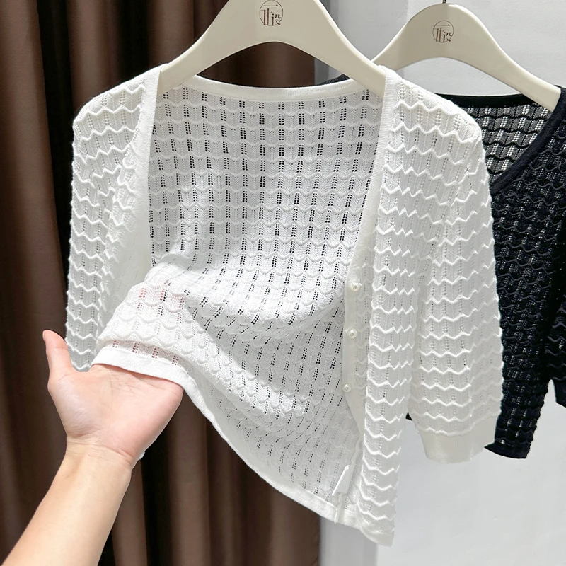 白色简约针织单排扣镂空开衫上衣女夏季外搭配裙子防晒罩衫短外套