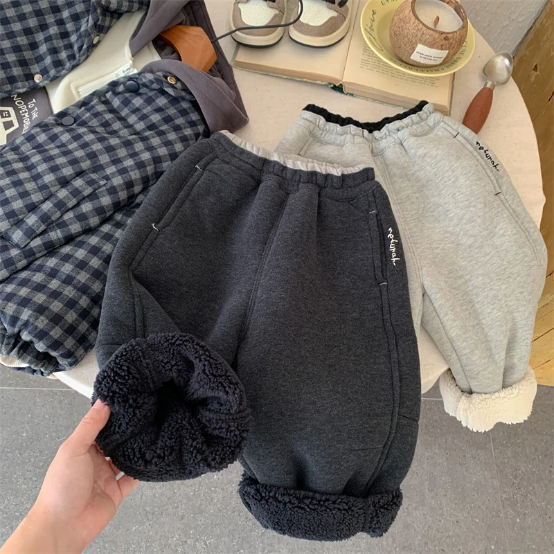 男童羊羔绒裤子冬季新款中小童加绒加厚直筒裤儿童保暖过冬长裤潮