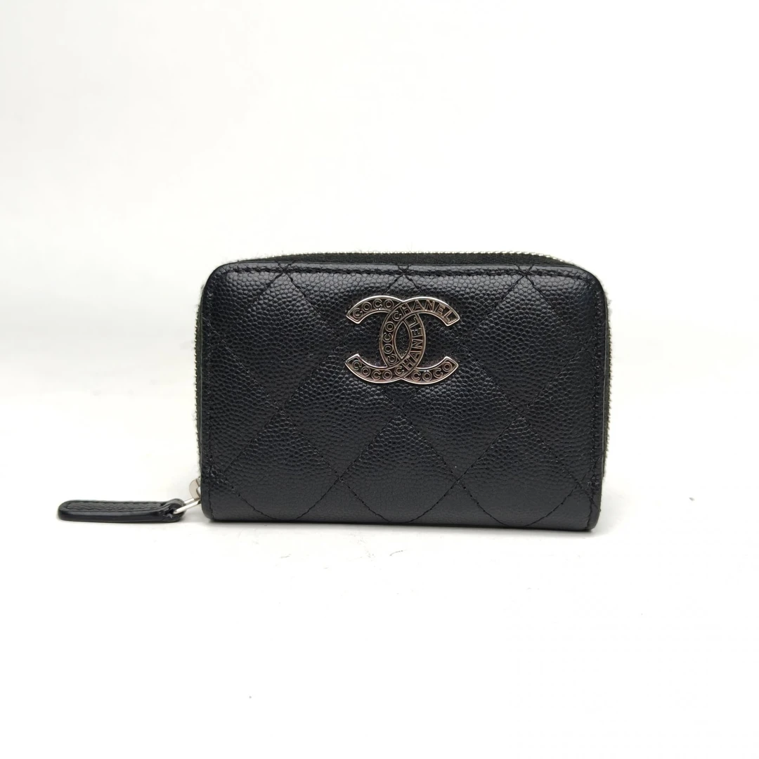 99新 Chanel/香奈儿 花花 黑色 荔枝皮革C 24P 拉链 卡包