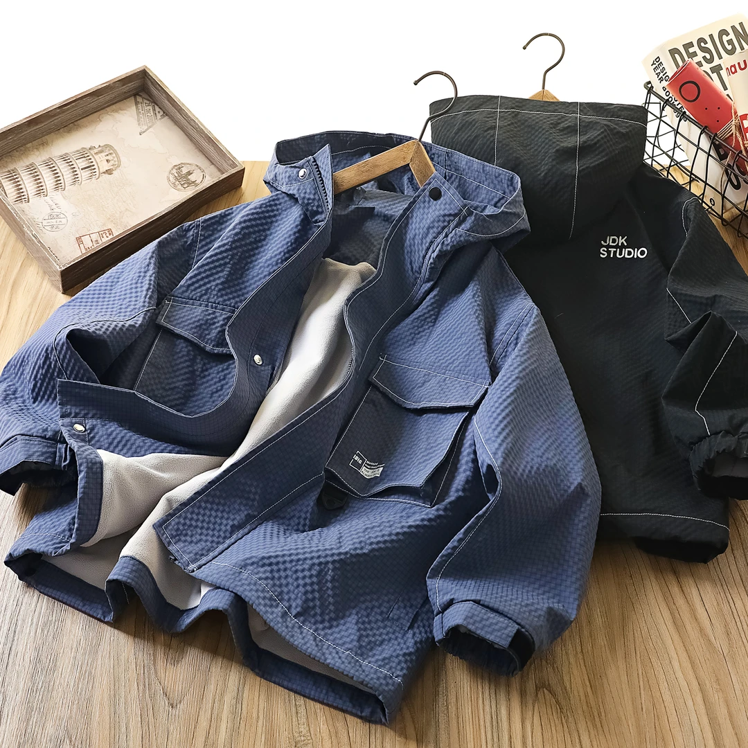 男童加绒冲锋衣外套2025秋冬中大童工装风拉链开衫儿童薄棉衣7169