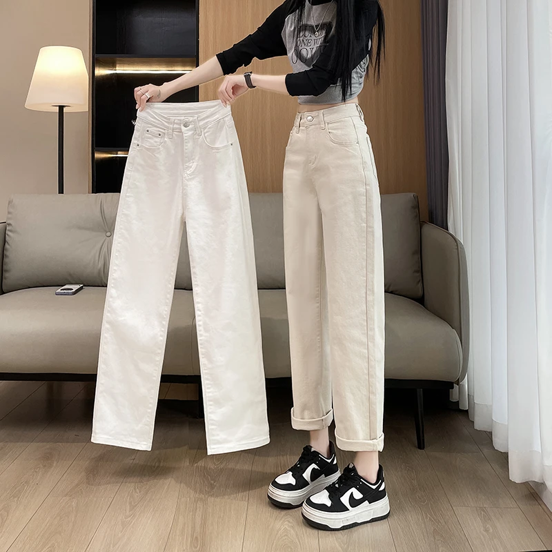 加绒窄版阔腿牛仔女春秋2025年新款高腰宽松休闲烟管直筒男友裤