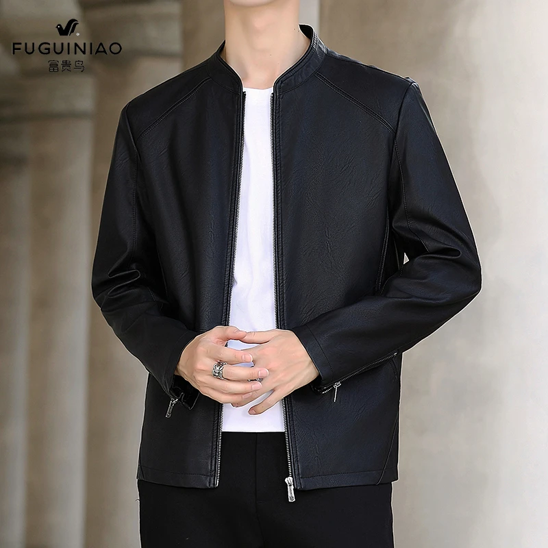 FUGUINIAO/富贵鸟春秋立领皮衣双11好物休闲中青年修身韩版皮夹克