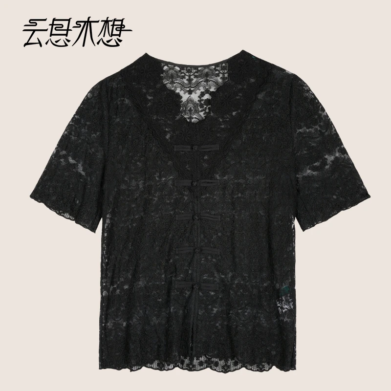 Ysimo-X云思木想 繁花诗梦 手工一字盘扣小开叉V领蕾丝上衣13103
