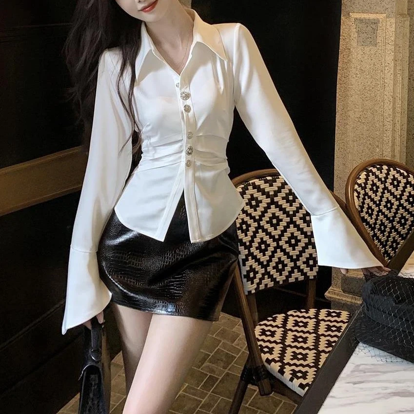 小众气质秋冬不规则法式柔光缎面收腰长袖衬衫设计感气质优雅上衣