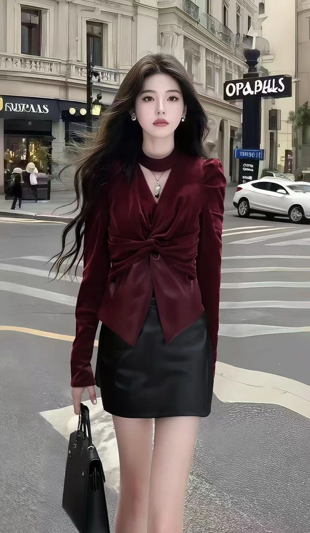 轻奢设计感小香风暗红色长袖修身上衣+黑色包臀半身裙时尚两件套