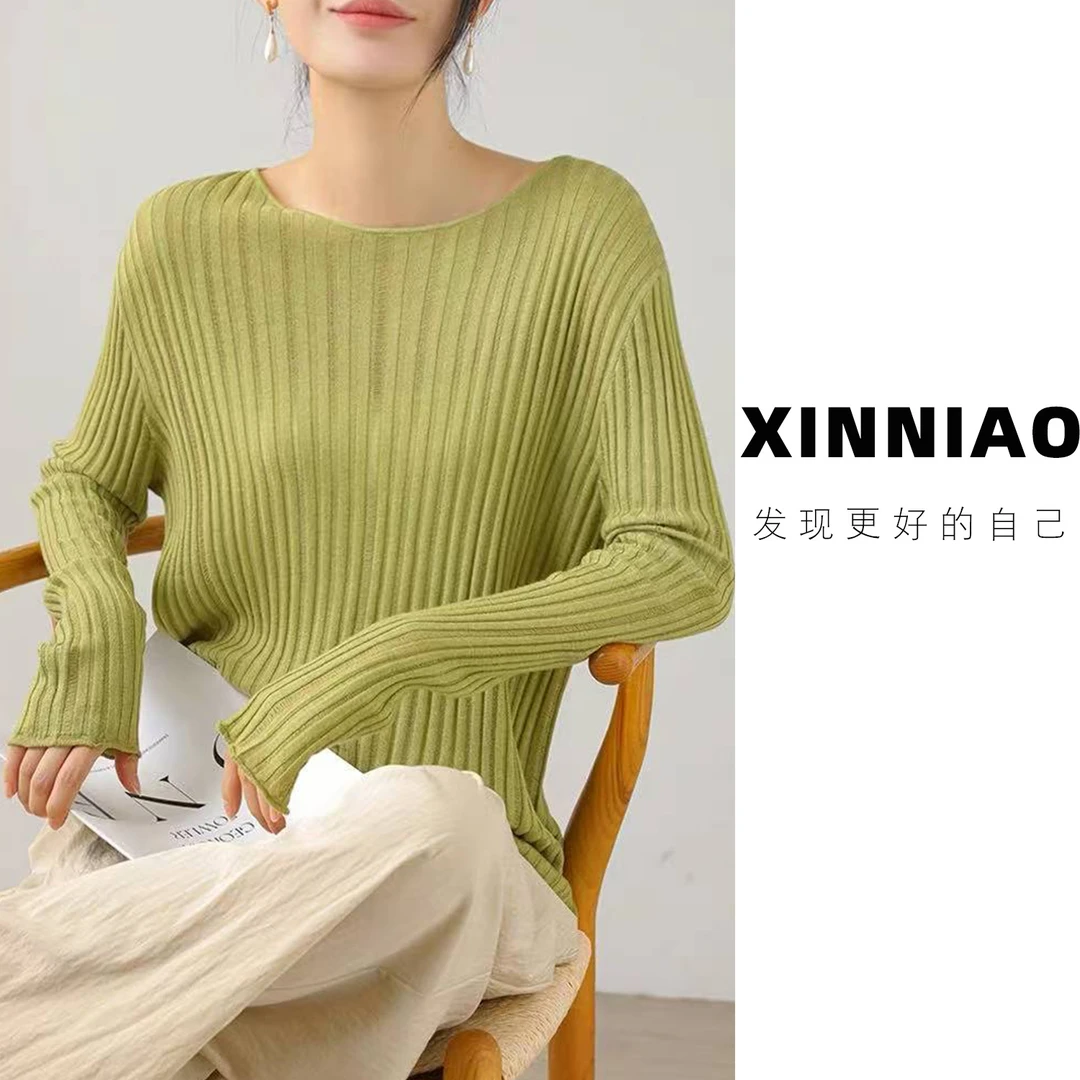 【XINNIAO】圆领坑条镂空针织衫精选棉羊毛纱线秋季新款时尚打底