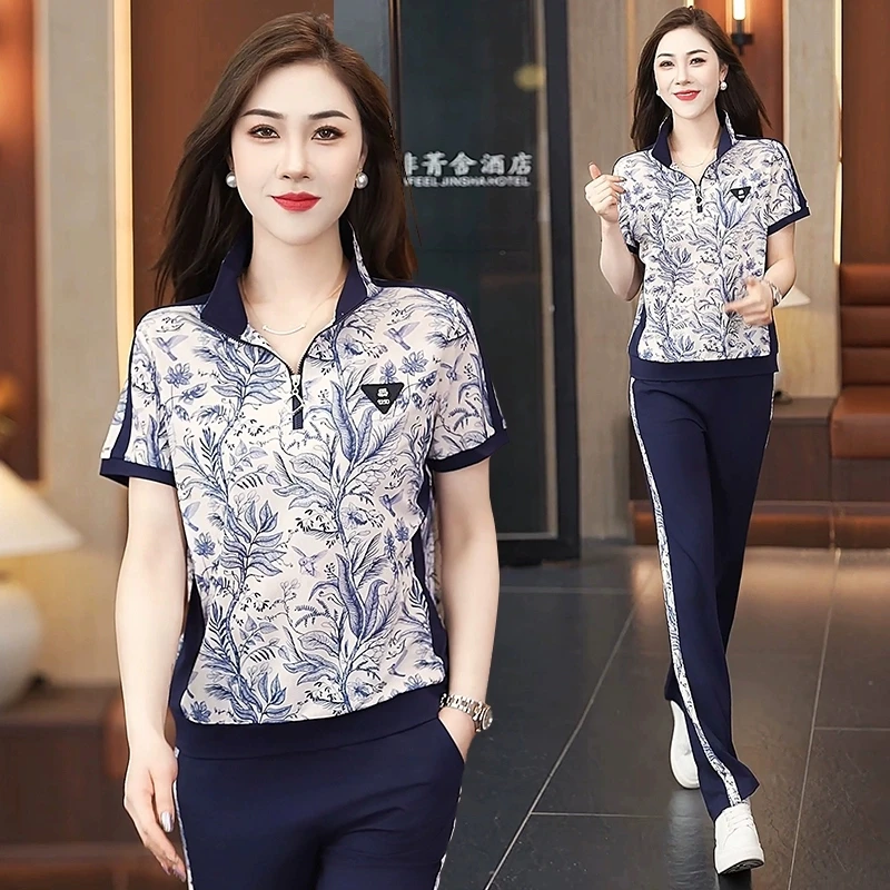 高档运动套装跑步女2025新款时尚短袖印花洋气减龄夏季休闲两件套