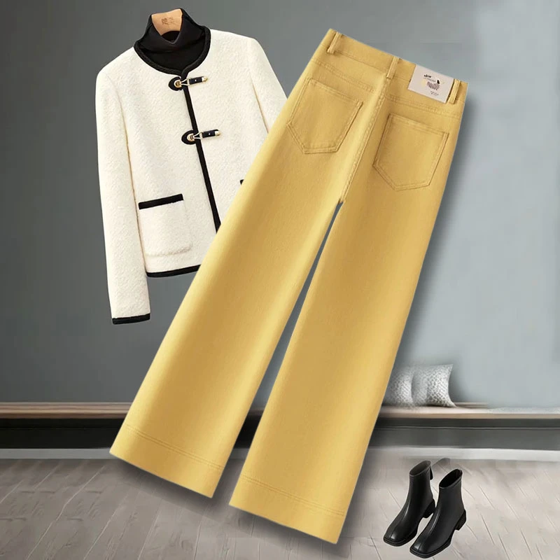 爆款姜黄色窄版阔腿牛仔裤女2025春秋季新款高腰今年洋气直筒裤子