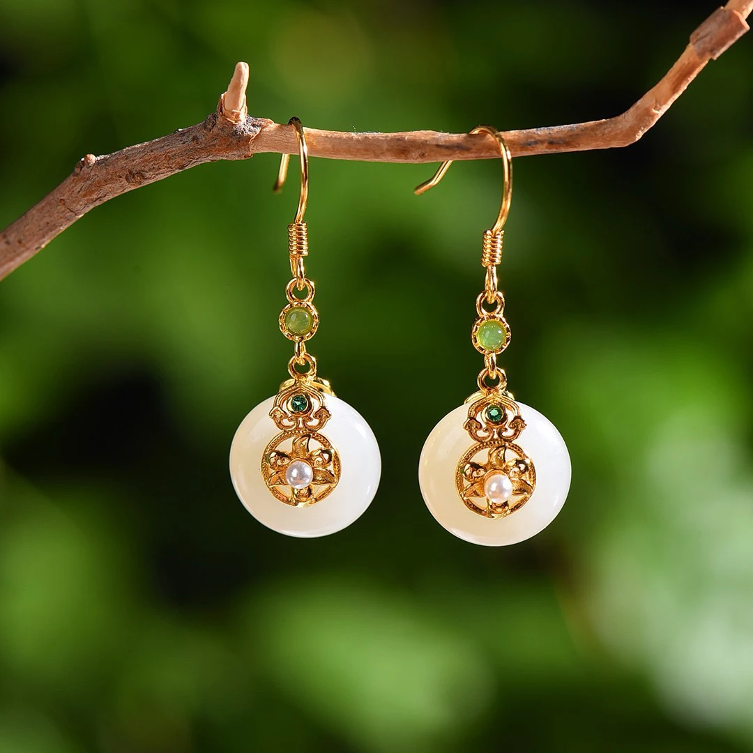 S925银镶嵌天然和田玉平安扣耳坠新中式平安扣耳环复古耳饰7883