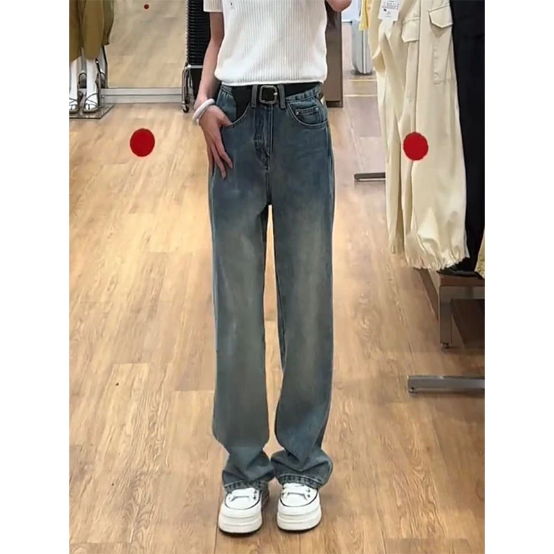 大码复古风时尚宽松阔腿裤女2025秋冬新款高腰窄版显瘦直筒牛仔裤