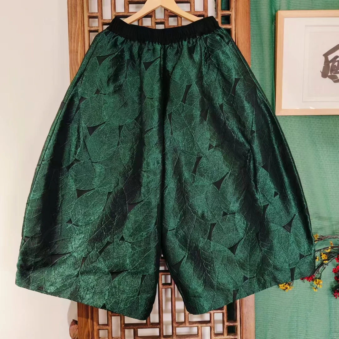 凤徕兮私人定制黑底绿叶暗纹全松紧阔腿裤（LK040-42）