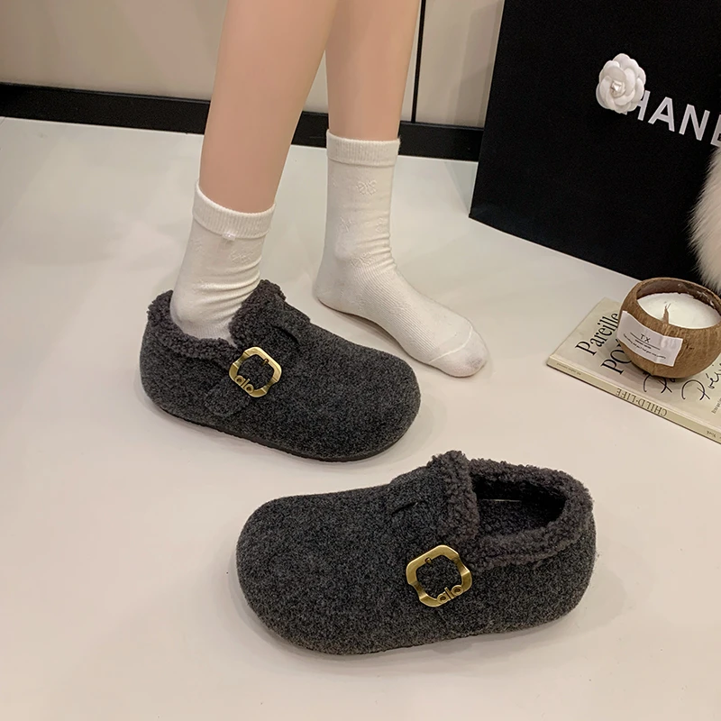 2025新款冬季学院风纯色休闲风毛毛鞋女轻职风棉鞋懒人鞋勃肯棉鞋