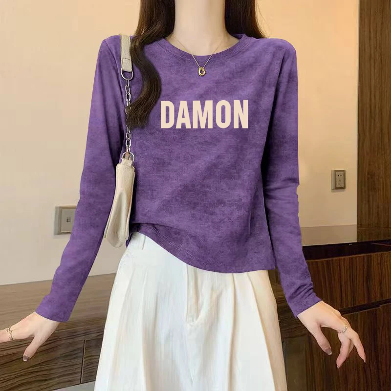 2025年新款秋冬季纯棉扎染美式复古长袖T恤女修身圆领打底衫上衣