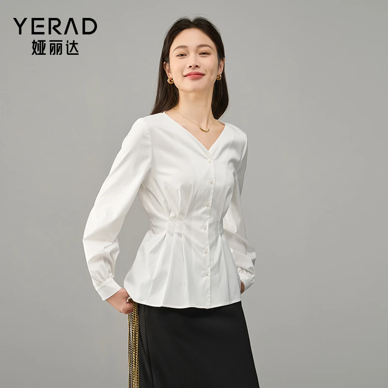 娅丽达气质优雅轻熟风衬衫女2025年秋季新款收腰显瘦V领长袖衬衣