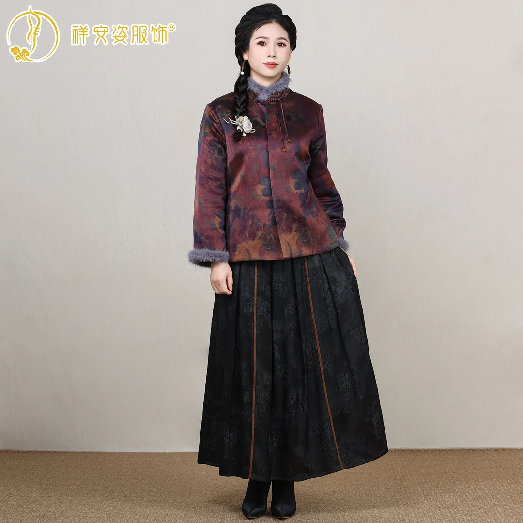 [繁花]民国风立领水貂毛厚款时尚保暖繁花紫棉服外套G654682-9M