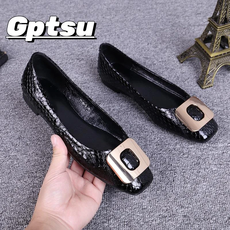 GPTSu女鞋夏季时尚新款瓢鞋方头软底浅口奶奶鞋蛇纹方扣平底单鞋