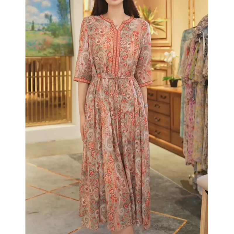 【堇兰桑蚕丝】春夏气质真丝裙印花收腰桑蚕丝连衣裙女YYQ22-962