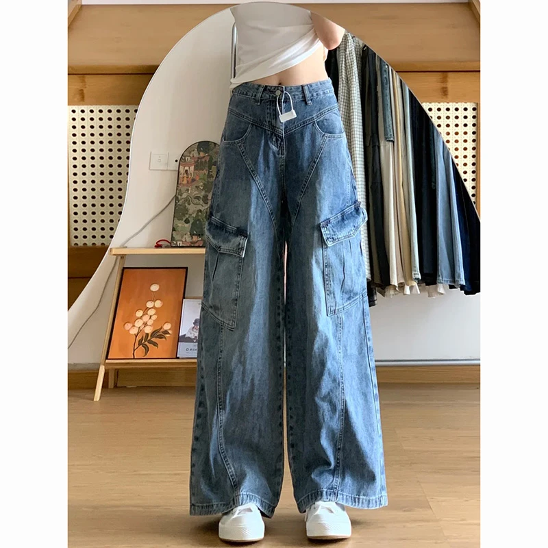 美式复古牛仔工装裤女2025夏季新款多口袋设计感宽松显瘦阔腿裤子