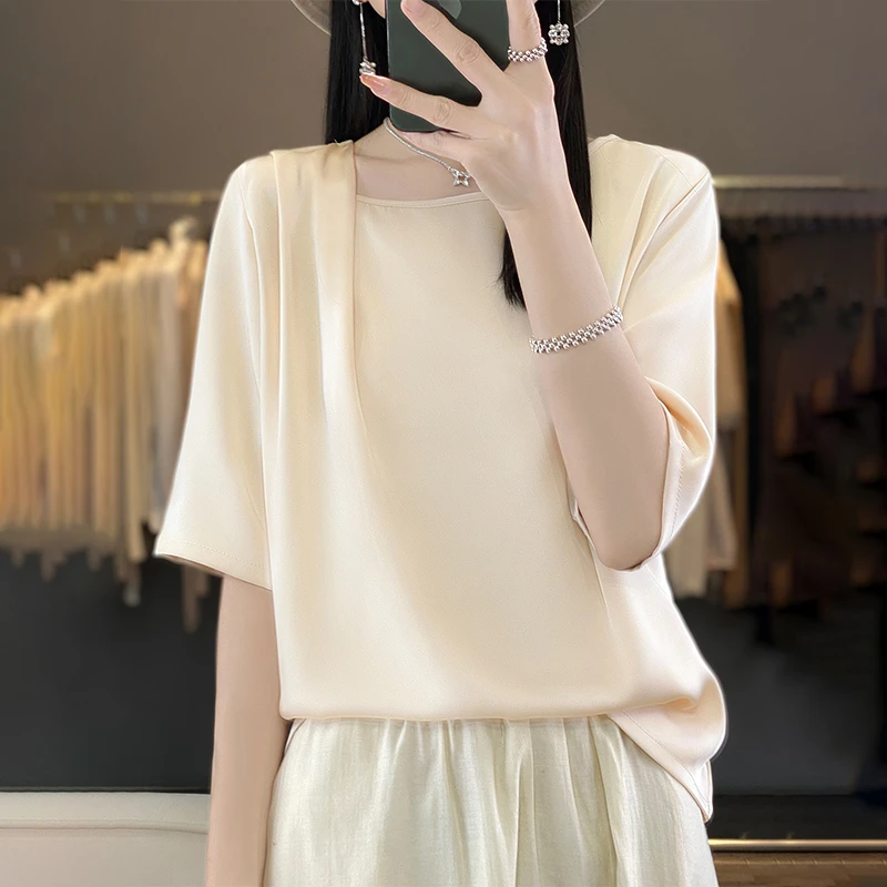 设计感丝滑缎面女士短袖宽松版时尚百搭上衣T桖A112