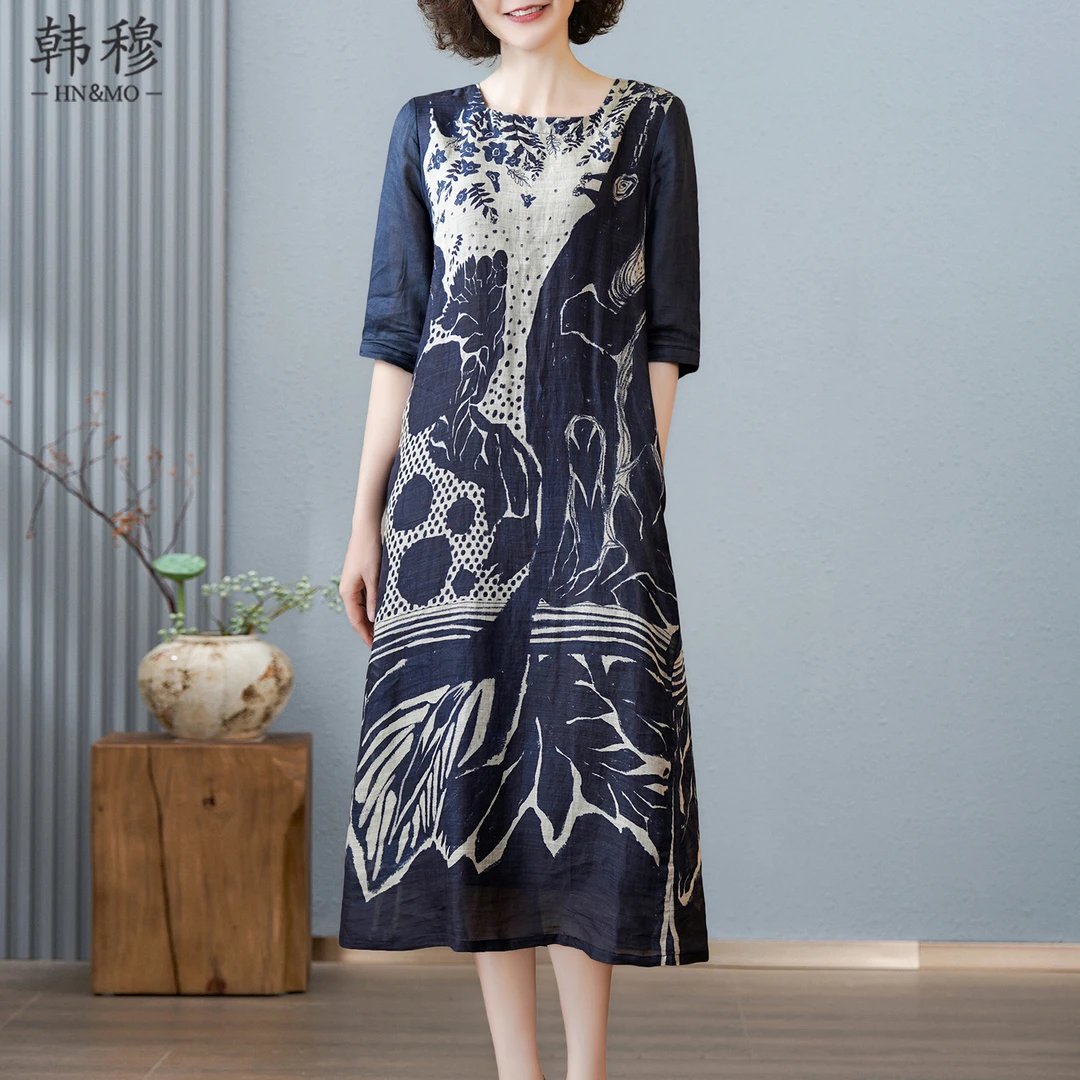 韩穆时尚苎麻连衣裙女2025夏季新款复古文艺高级感大码宽松长裙子