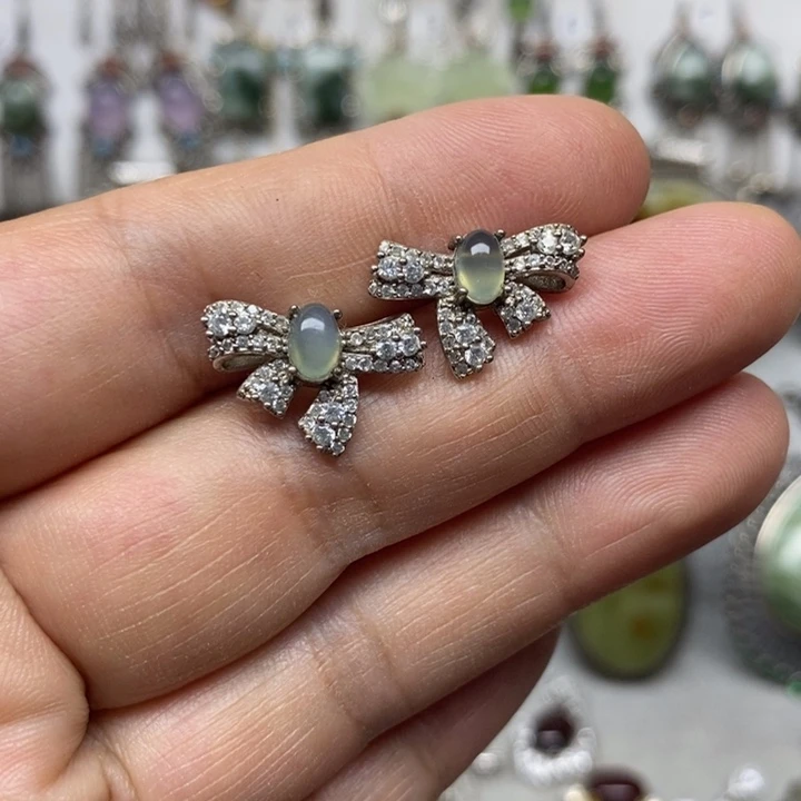 蛇纹石玉耳环银S925镶嵌