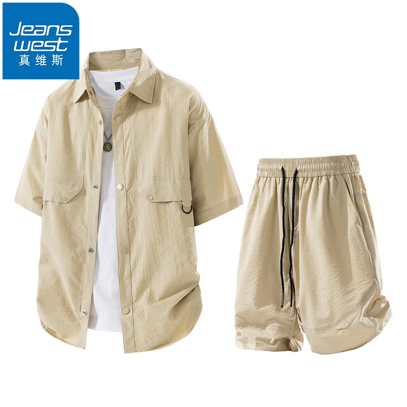 Jeanswest/真维斯衬衫短裤休闲套装男夏季薄款透气短袖运动五分裤