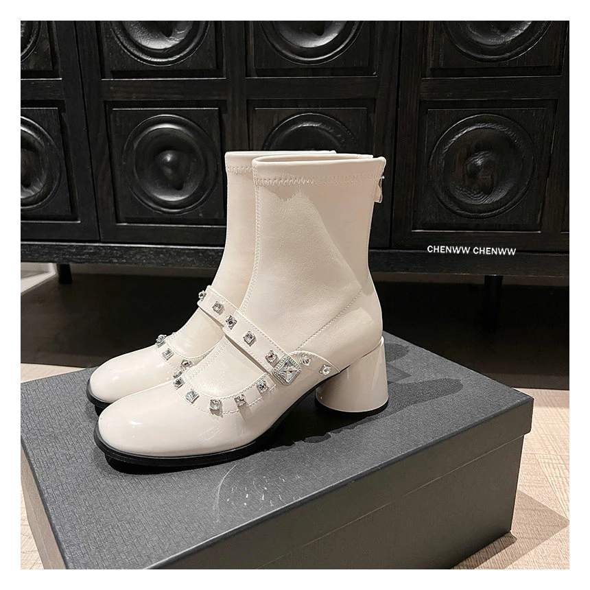 【CHENWW】韩系名媛千金风粗跟水钻弹力瘦瘦靴女长筒短筒靴子秋冬