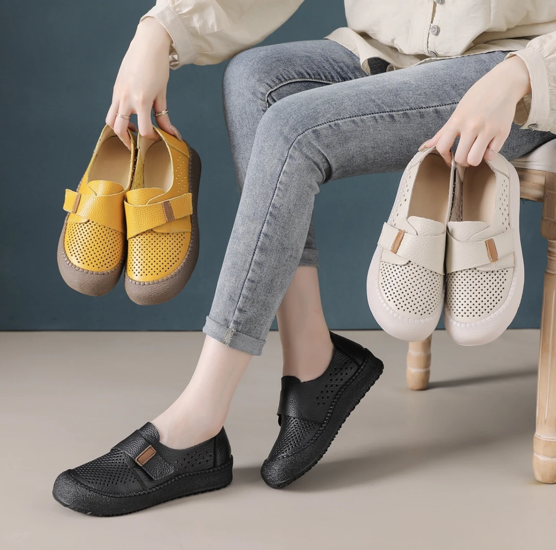 2025夏款头层牛皮浅口女复古休闲厚底果冻底镂空懒人鞋防滑妈妈鞋