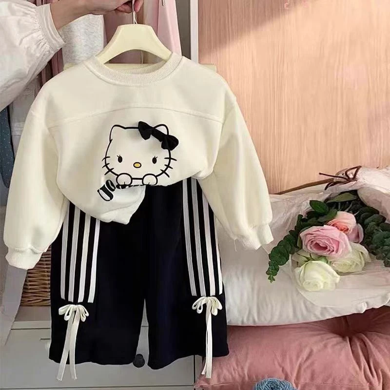 52013童装2025春新款女童小童韩版卡通猫咪蝴蝶结卫衣卫裤套装