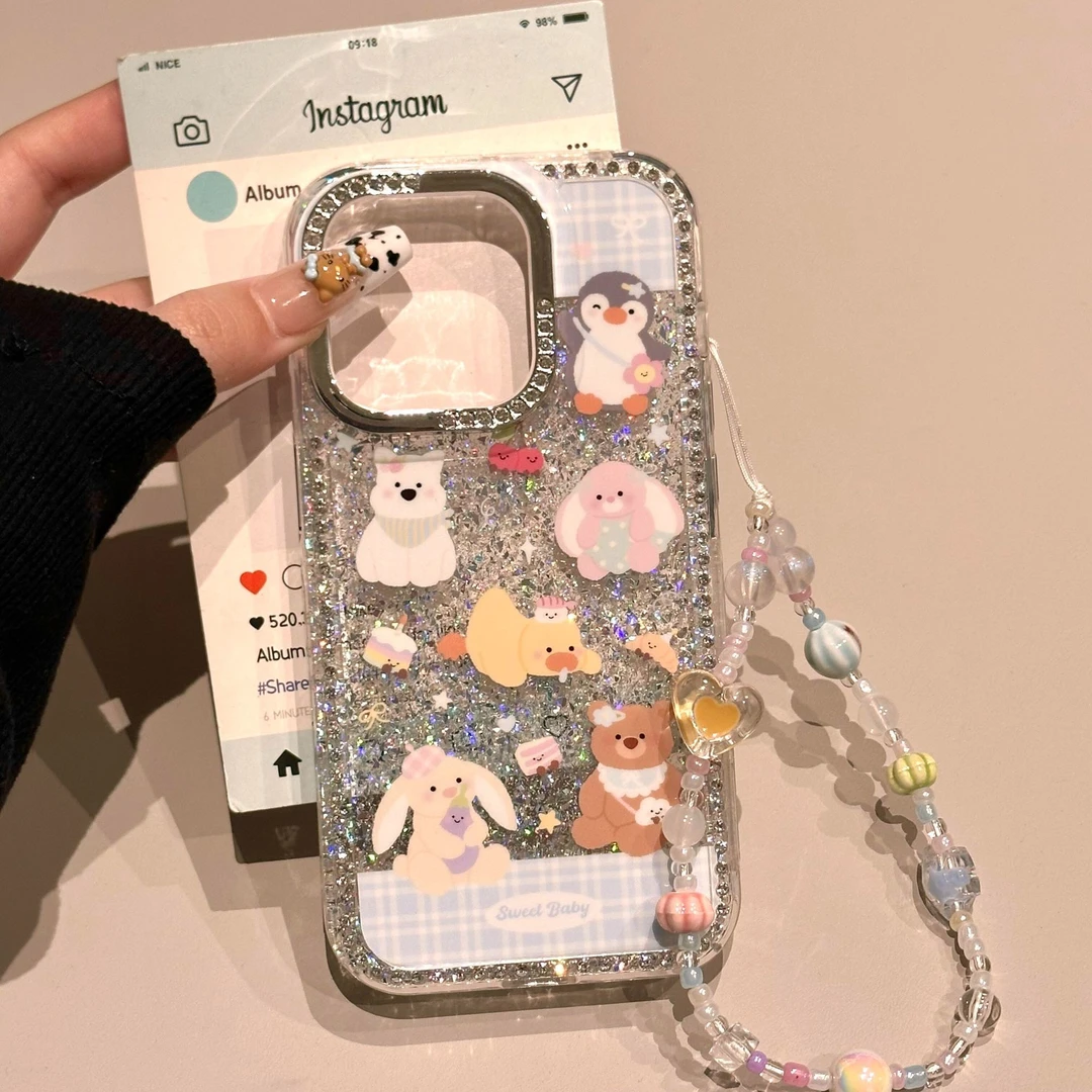 可爱满砖蓝格纹满屏小动物壳适用苹果16/15/14/13全包防摔手机壳