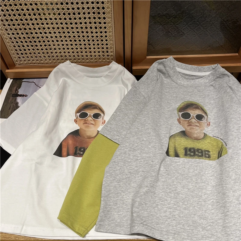 吴小越w1001男童春装圆领套头白色棉t恤长袖中大童儿童打底衫