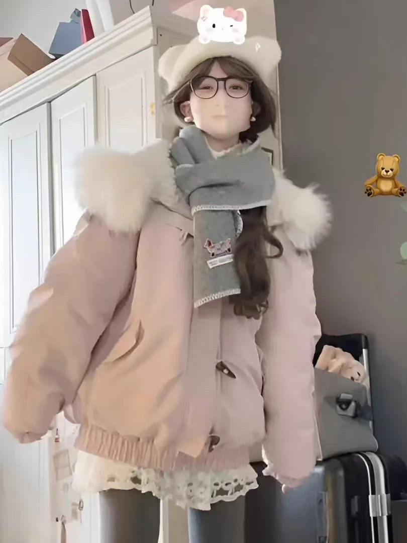牛角扣大毛领连帽棉服外套女短款冬季韩系小个子加厚工装派克服