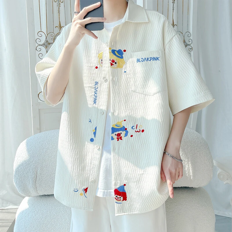 潮牌多巴胺刺绣小花衬衫男小众设计百搭短袖2025新款户外休闲体恤