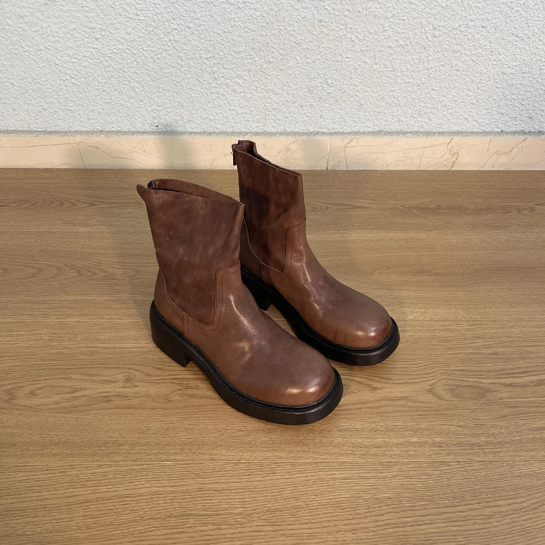 4.5cm 短筒靴女水洗油蜡马皮厚底通勤短靴复古百搭休闲拉链短筒靴