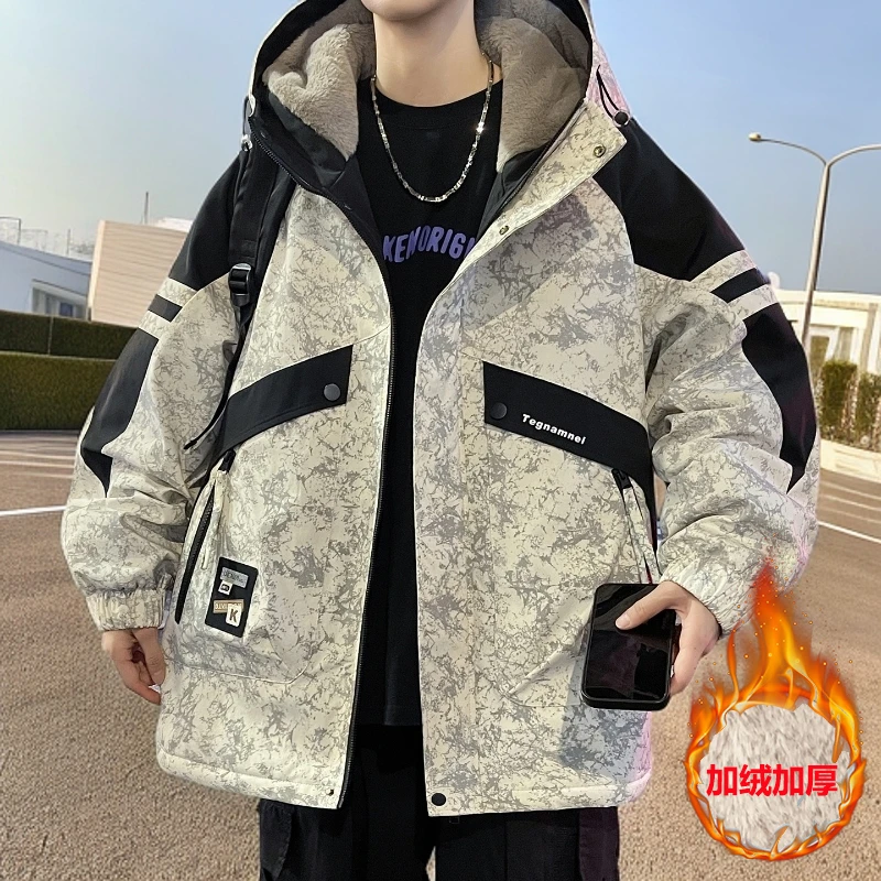 男士加绒加厚外套新款秋冬季潮流帅气宽松印花连帽工装青少年夹克