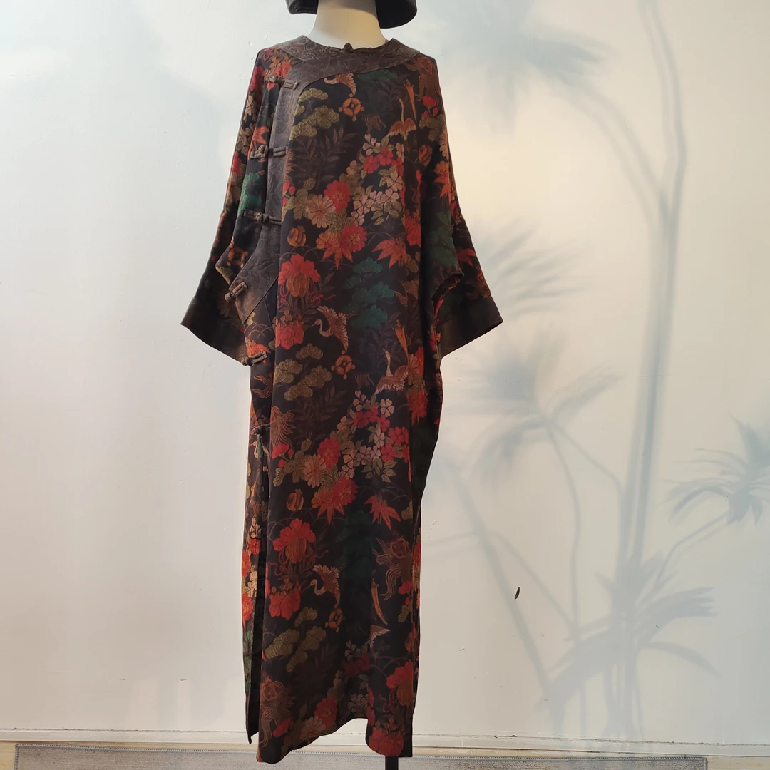 扶摇直上~星鹤重缎香云纱斜襟圆领新中式改良国风宽松旗袍