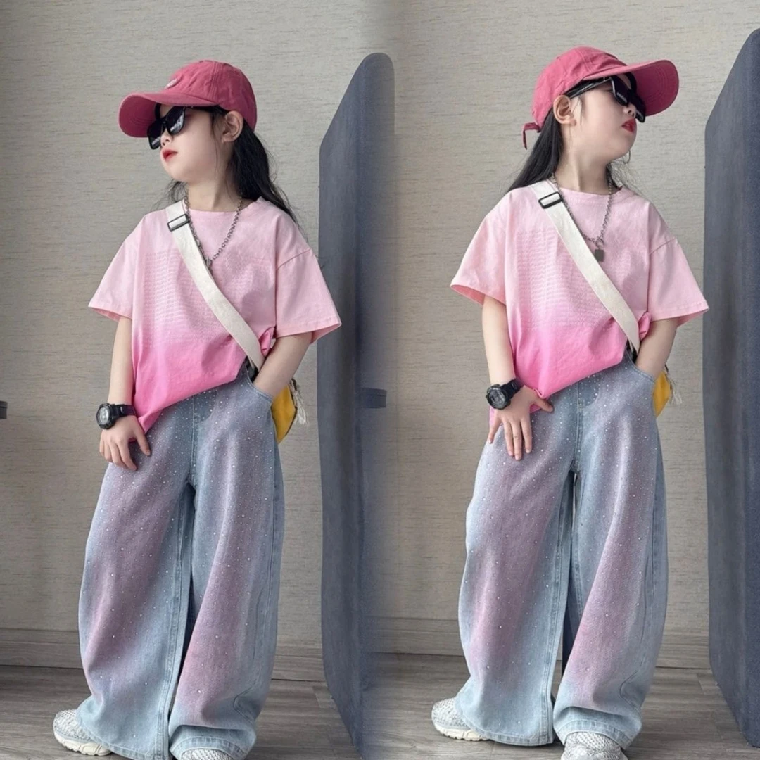 YeeHoO英氏女童夏季套装新款洋气吊染短袖中大童烫钻牛仔阔腿裤