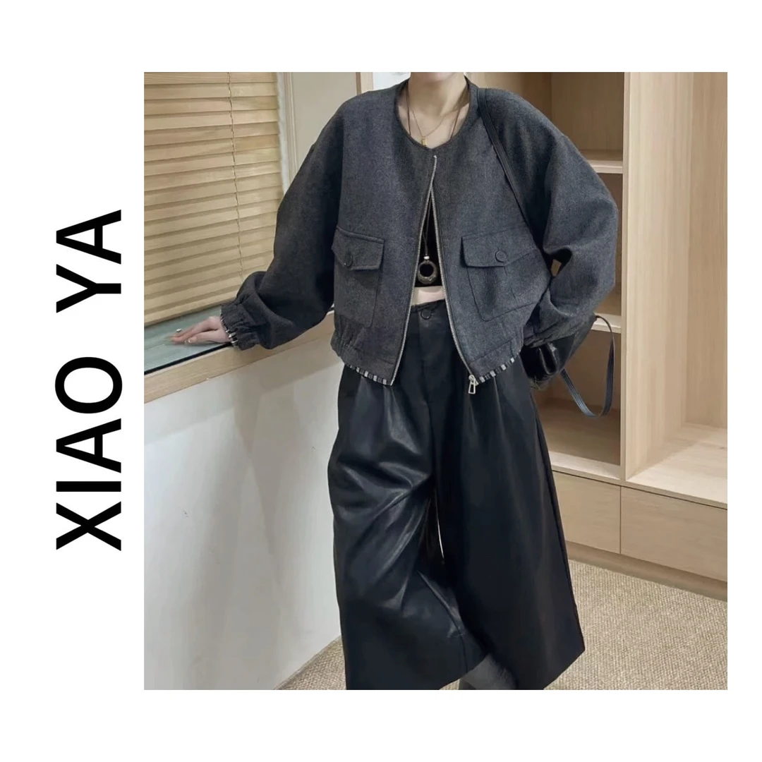 Q55129秋季新款时尚简约圆领设计感口袋拼接格纹拉链款百搭外套