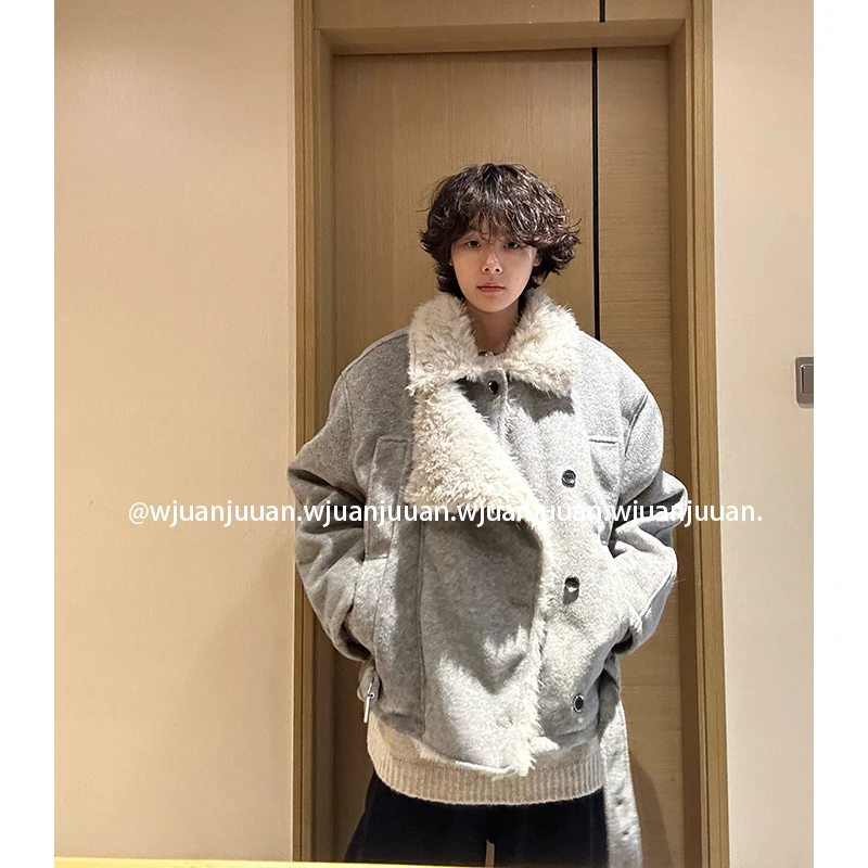 『WJUANJUAN』美式复古短宽版男女双排扣座山雕呢外套棉衣