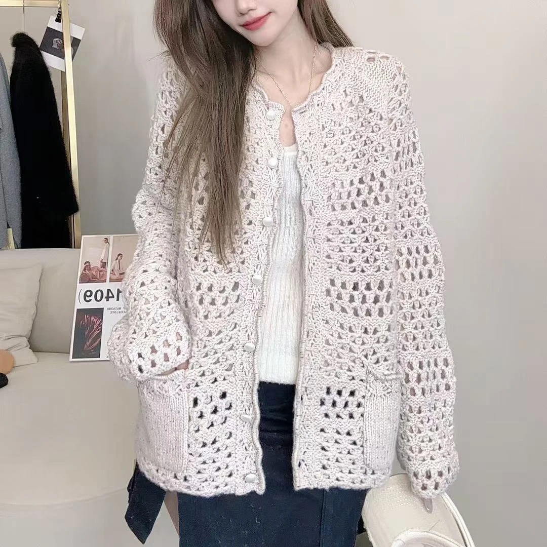 【俩月羊绒】轻奢255265-100山羊绒重工高定手工钩花镂空针织外套