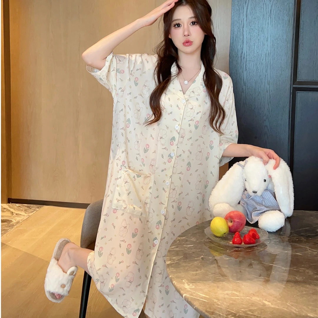 -【郁金香小兔】绵绸夏季薄款2025韩版加大码女款家居服宽松裙
