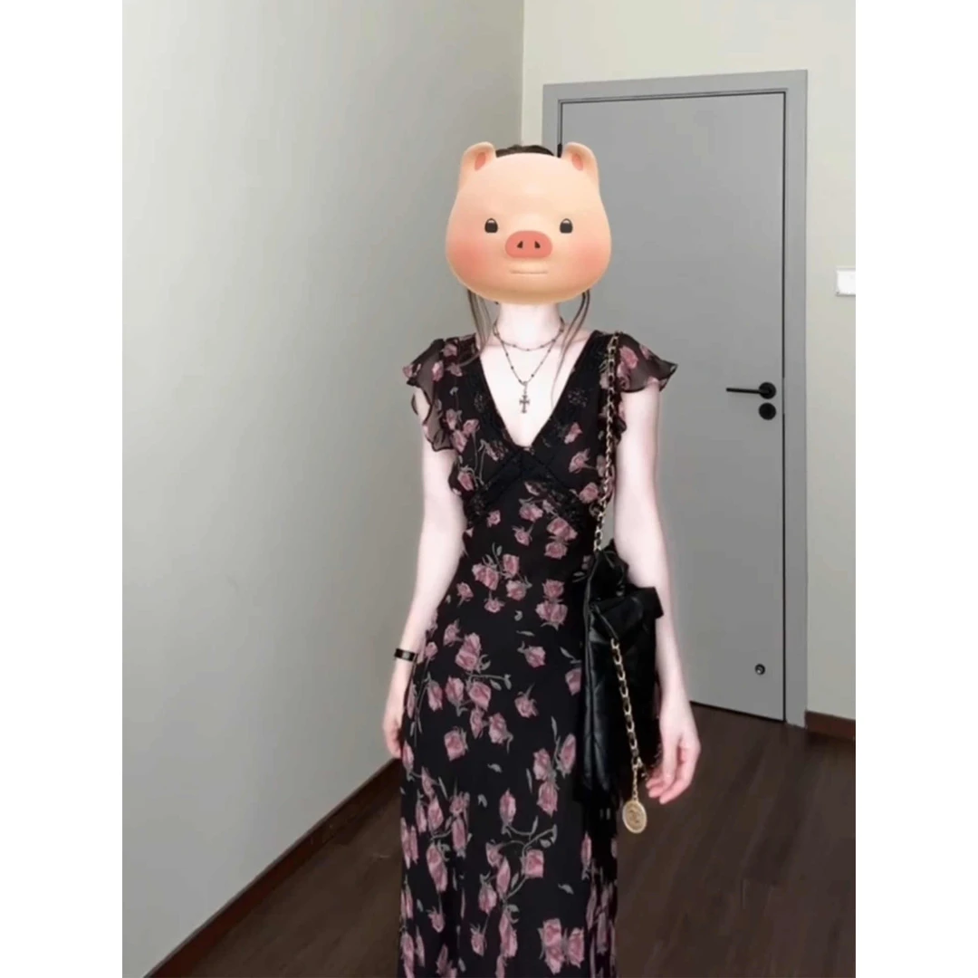 微胖法式复古玫瑰印花V领连衣裙女25年夏收腰显瘦小飞袖长裙3298#