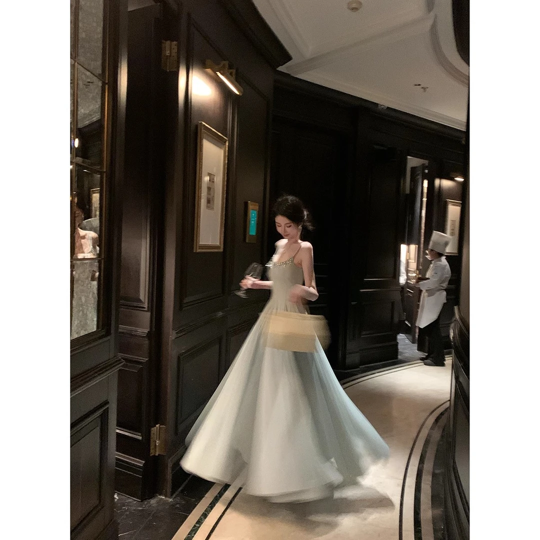 Sun雅乔夏季大女主修身超仙儿水晶钻链网纱大摆吊带长款连衣裙子