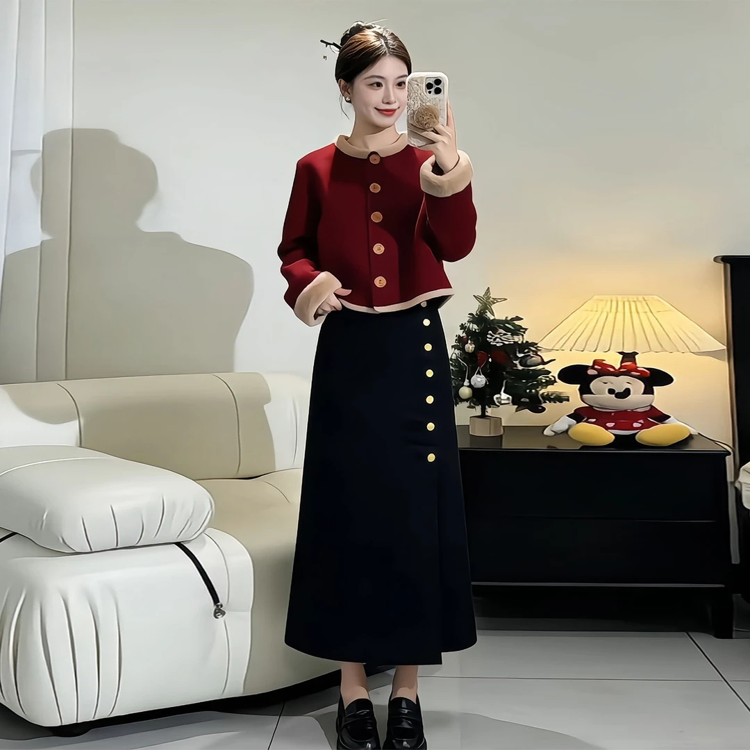 过年穿搭红色新中式套装连衣裙子2026秋冬季新款外套半身裙两件套