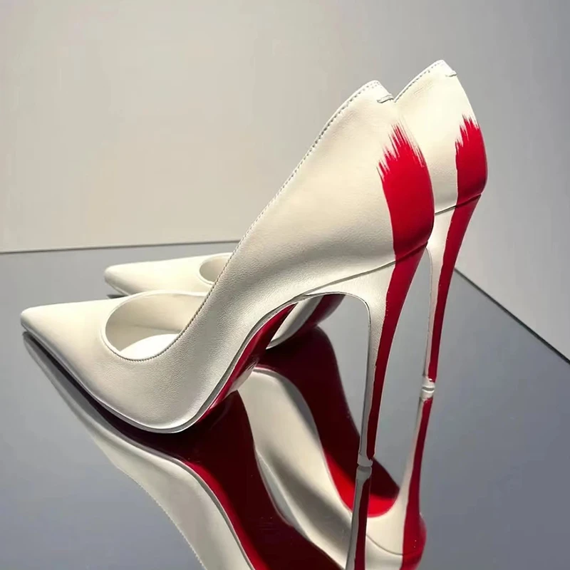 性感御姐10cm细跟尖头红底浅口单鞋女真皮白色高跟鞋职业时尚女鞋